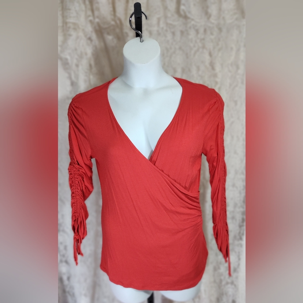 Nine West Red Top Blouse with Ruched Long Sleeves NWOT